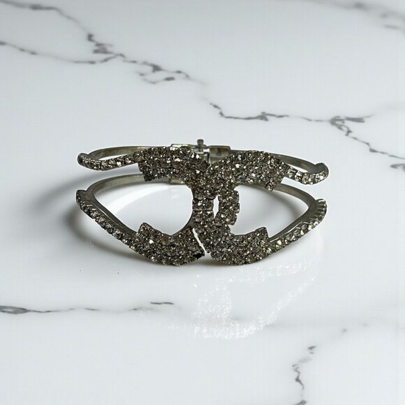 Silver-Tone Rhinestone Bangle Bracelet With Double C Design (Missing Stone) - Picture 1 of 12
